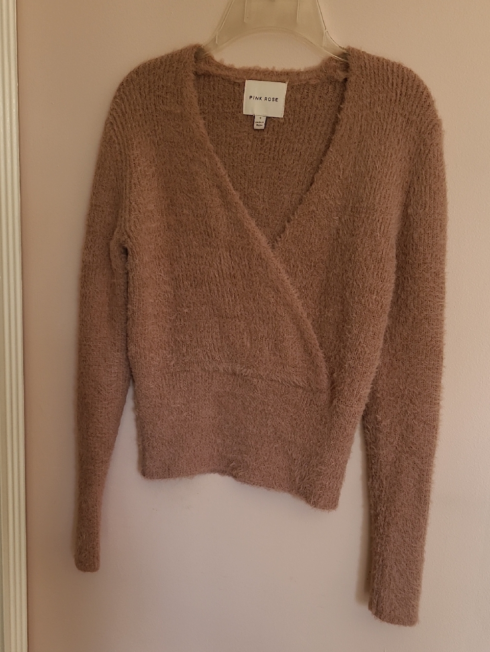 Pink Rose Women's Taupe V-Neck Fuzzy Wrap Sweater